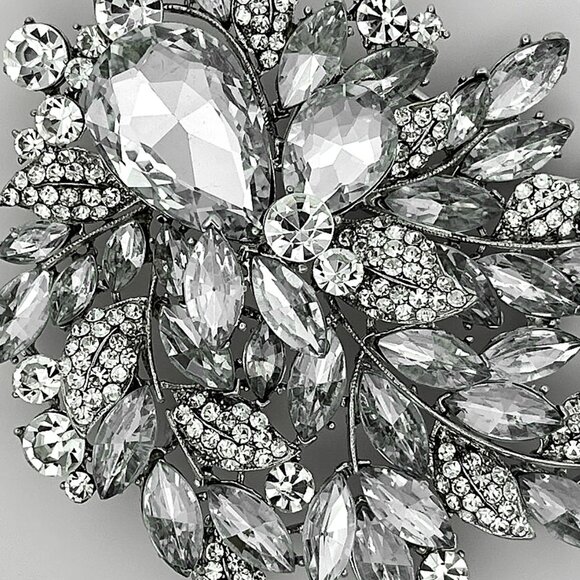 Rhinestone Crystal Brooch | Silver Tone Statement Pin | Teardrop Marquise - Picture 2 of 5